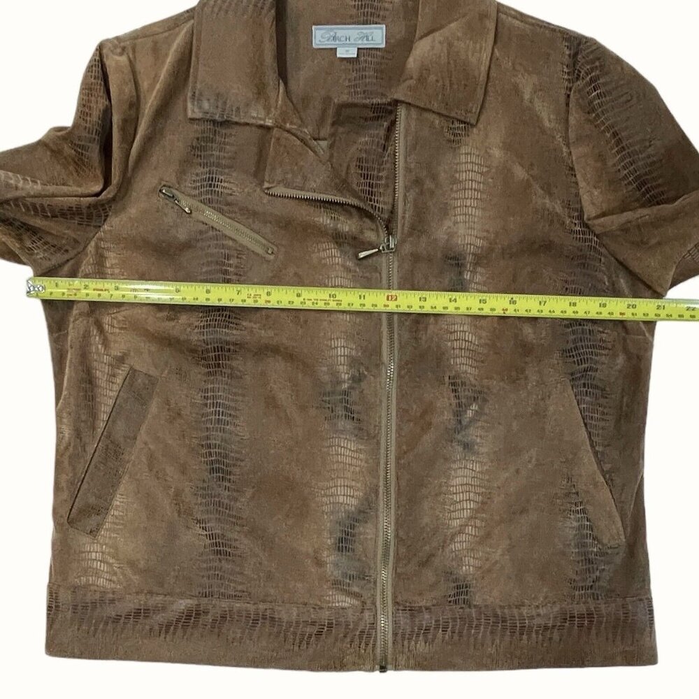 BIRCH HILL Snakeskin Moto Trucker Jacket Women Medium Brown Multi Faux‎ Suede - Picture 12 of 14